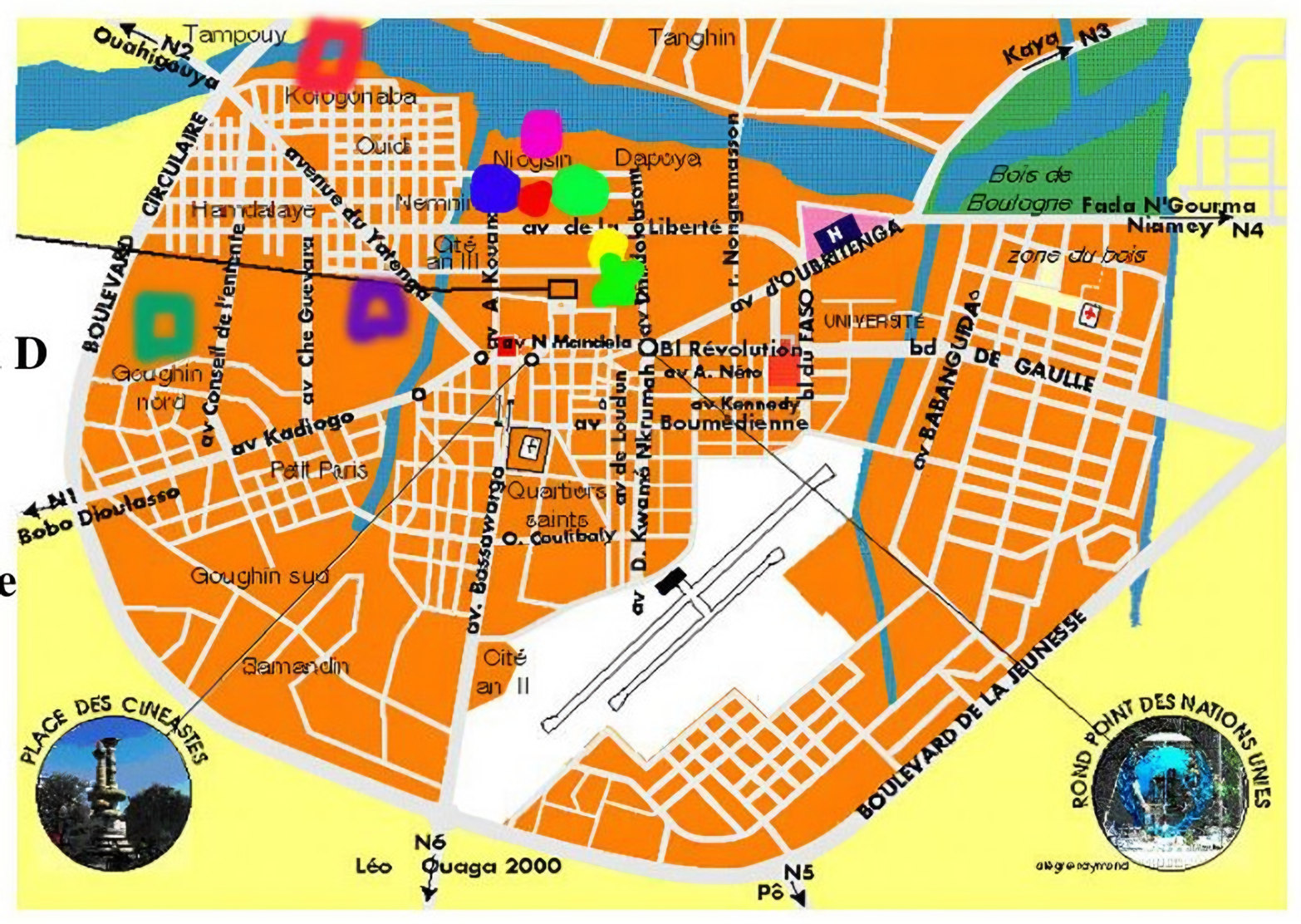 plan/carte de Ouagadougou avec les emplacements colorés des écoles